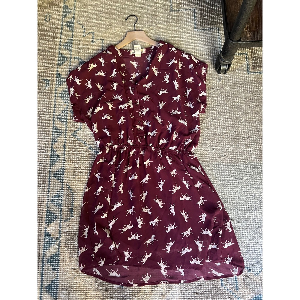 Burgundy Polo Pony Horse Print Mini Dress Equestrian Old Money Drop Waist Size L